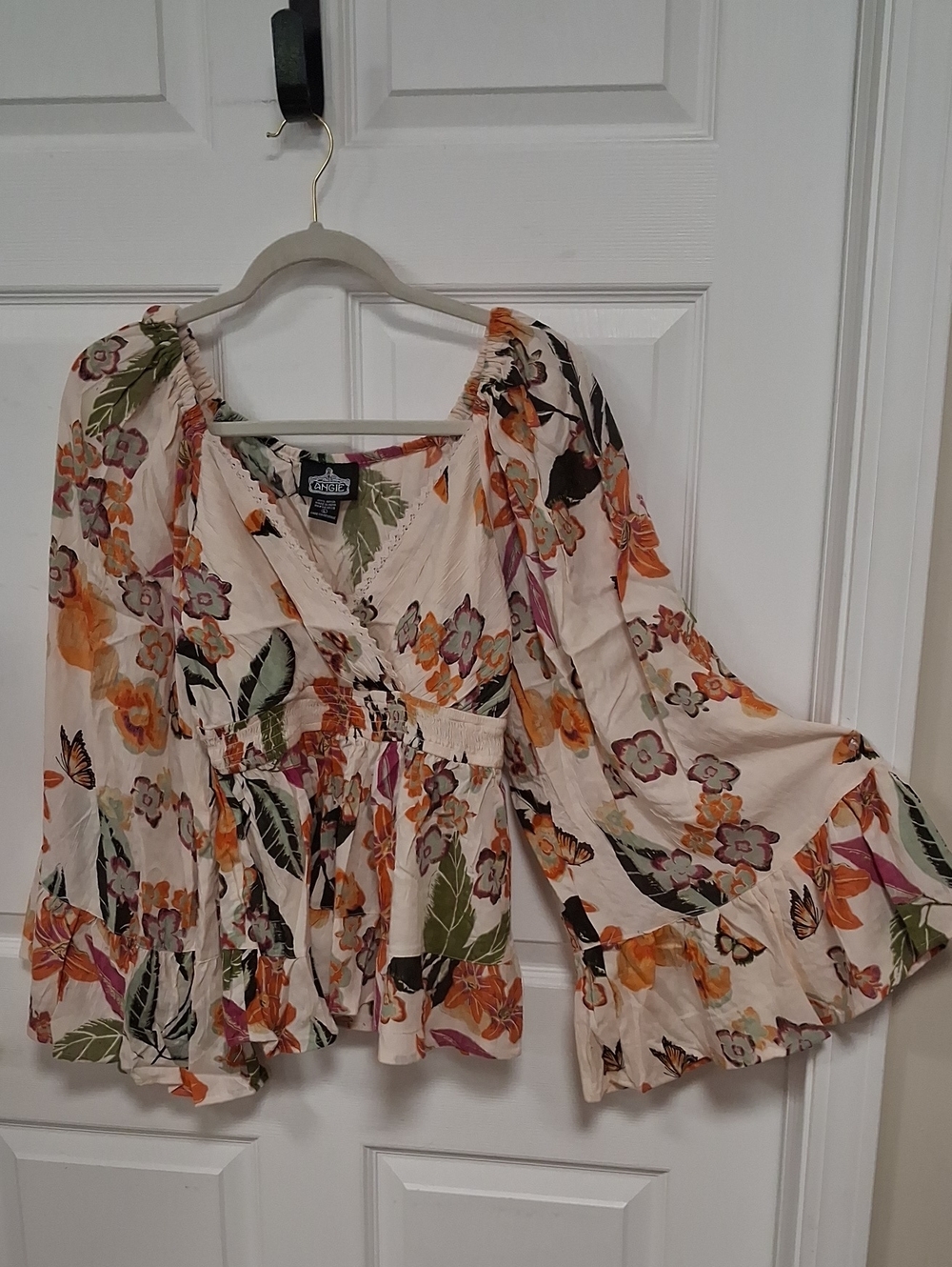 Angie Cream Floral Bell-Sleeve Peasant Top